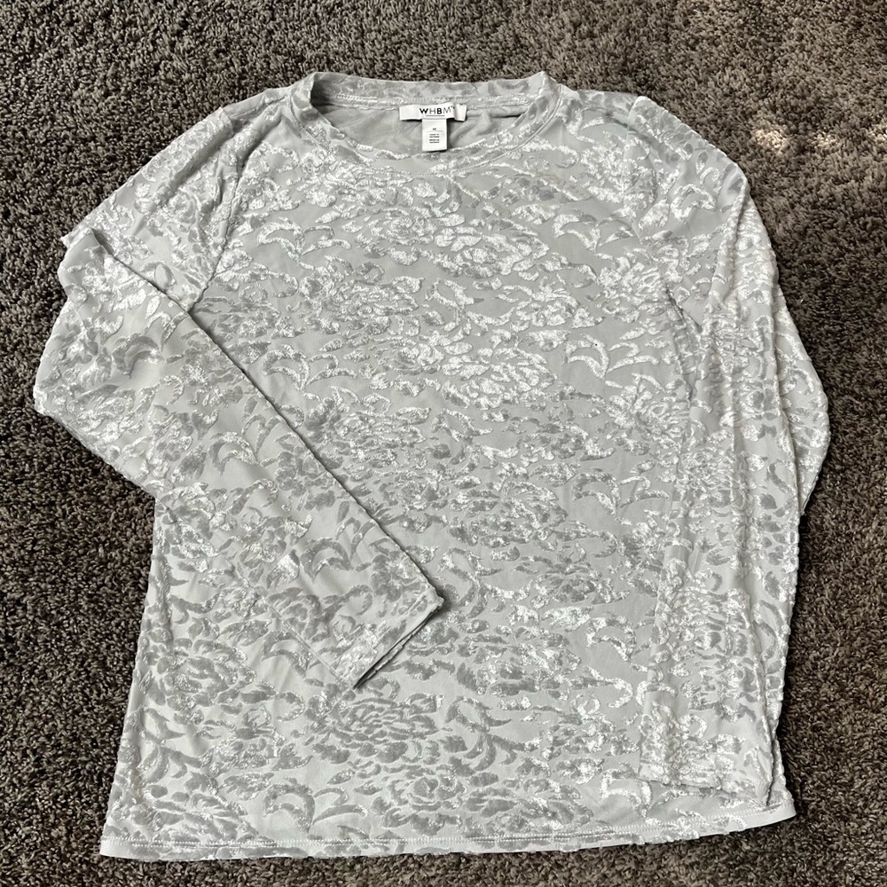 White House Black Market Grey Long Sleeve Floral-Burnout Top Size NWT Size M